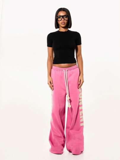 SUMWON WOMEN Oversized Wide Leg Drawstring Sweatpants With Contrast Logo Print For Casual Comfort
