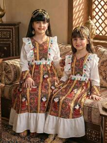 少女复古印花喇叭袖连衣裙 - 彩色 - 查看 1