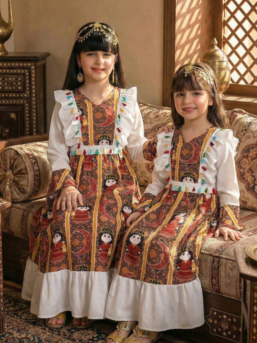 少女复古印花喇叭袖连衣裙 - 彩色 - 查看 1