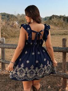Ceyna Short Embroidered Cap Sleeve Casual Vacation Dress - Navy Blue - View 2