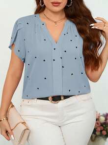 Reflora Plus Size Notch Neck Petal Sleeve Heart Print Minimalist Top Valentines - Baby Blue - View 4