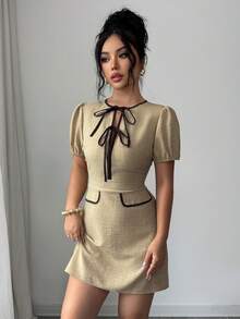 Gloray Vestido mini de mujer con cuello redondo, mangas abullonadas y nudo delantero - Caqui - Ver 4