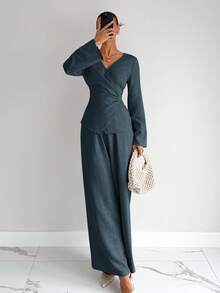 Siren Gaze Elegant Dusty Blue V Neck Wrap Regular Sleeve Blouse And Full Length Plain Woven Fabric Pants Two-Piece Outfit For Women - Dusty Blue - View 3