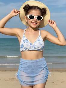 SHEIN 少女三件套针织贝壳海洋印花比基尼套装，时尚休闲优雅泳装，适合游泳、度假和夏季穿着 - 藍色 - 查看 3