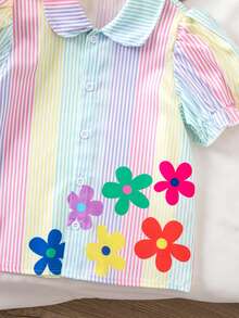 SHEIN Young Girl Summer Casual Striped & Floral Print Button Front Puff Sleeve Shirt - Multicolor - View 3