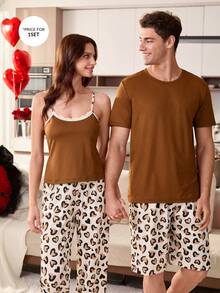 Men Loose Casual Leopard Print Heart Pattern Short Sleeve Shorts Pajama Set - Coffee Brown - View 3