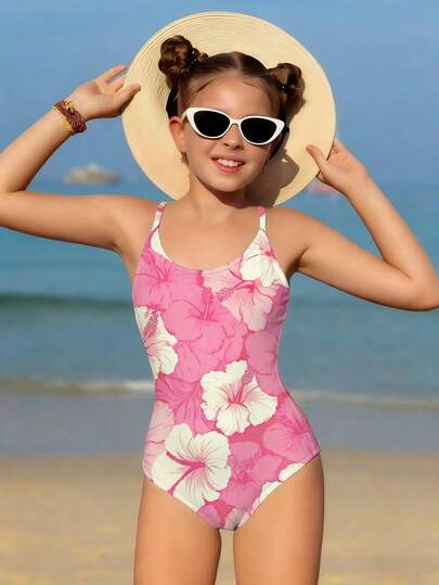 SHEIN Tween Girl Floral Print One-Piece Swimsuit, Summer Beach Vacation Flower Swimsuit Beachwear Kids Hibiscus Swimsuit Pink One Piece Swimsuit For Teen Girls Hibiscus Flower Tween Bating Suit Beachwear Girls Pink Hibiscus Swimsuit