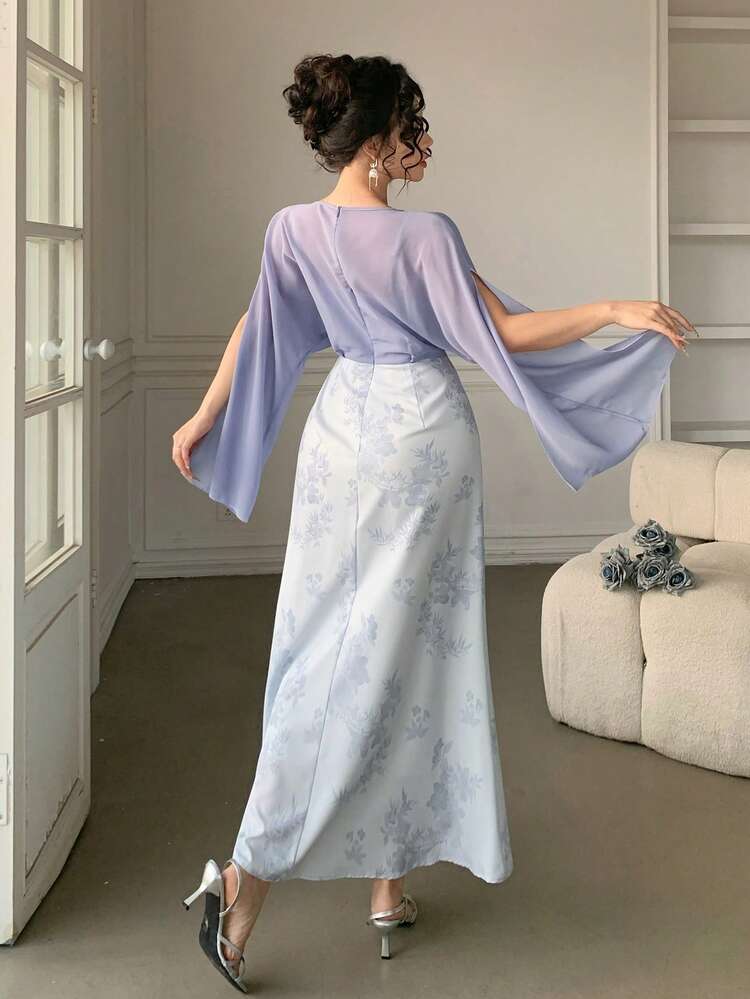 Women's Elegant Floral Patchwork Color Block Long Dress, Spring/Summer Wedding Guest Dress Easter Sundress