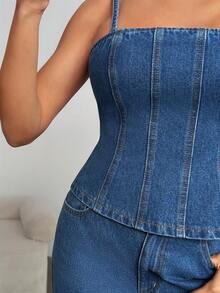 SHEIN 100% Cotton Women's Denim Two Pieces Outfits With Top And Jean - Medium Wash - View 6