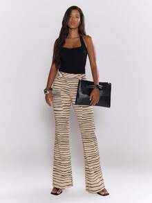 MUSERA 修身不对称低腰印花喇叭牛仔裤，酷女孩风格，外出性感，深红色冬季时尚单品 - 卡其色 - 查看 3