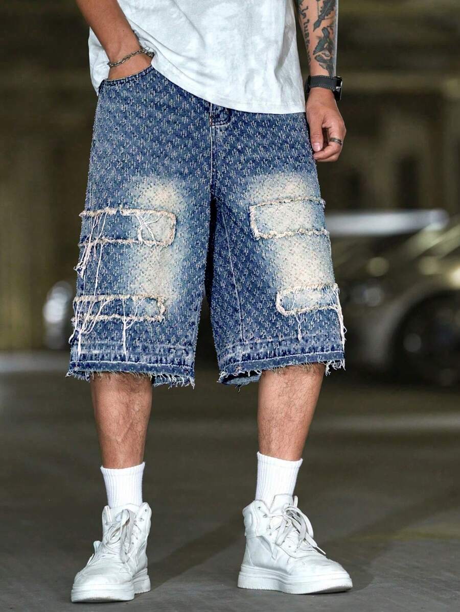 Manfinity LEGND Quần short denim ống rộng dáng rộng, rách rưới, có túi dành cho nam. - Rửa trung bình - Xem 1