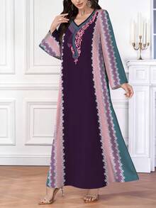 Al Najma 女士印花V领长袖优雅阿拉伯风格连衣裙，春秋季 - 彩色 - 查看 3
