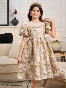Girls' Elegant White Summer Wedding Short Sleeve Dress With Cute Ditsy Floral,Beaded And Bow Decor,Gold Flower Pattern,For Party And Casual Wear - Champagne - View 5