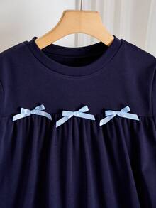 SHEIN 1件少女简约优雅学院风圆领短袖连衣裙，带蝴蝶结装饰下摆拼接设计 - 藏蓝色 - 查看 6