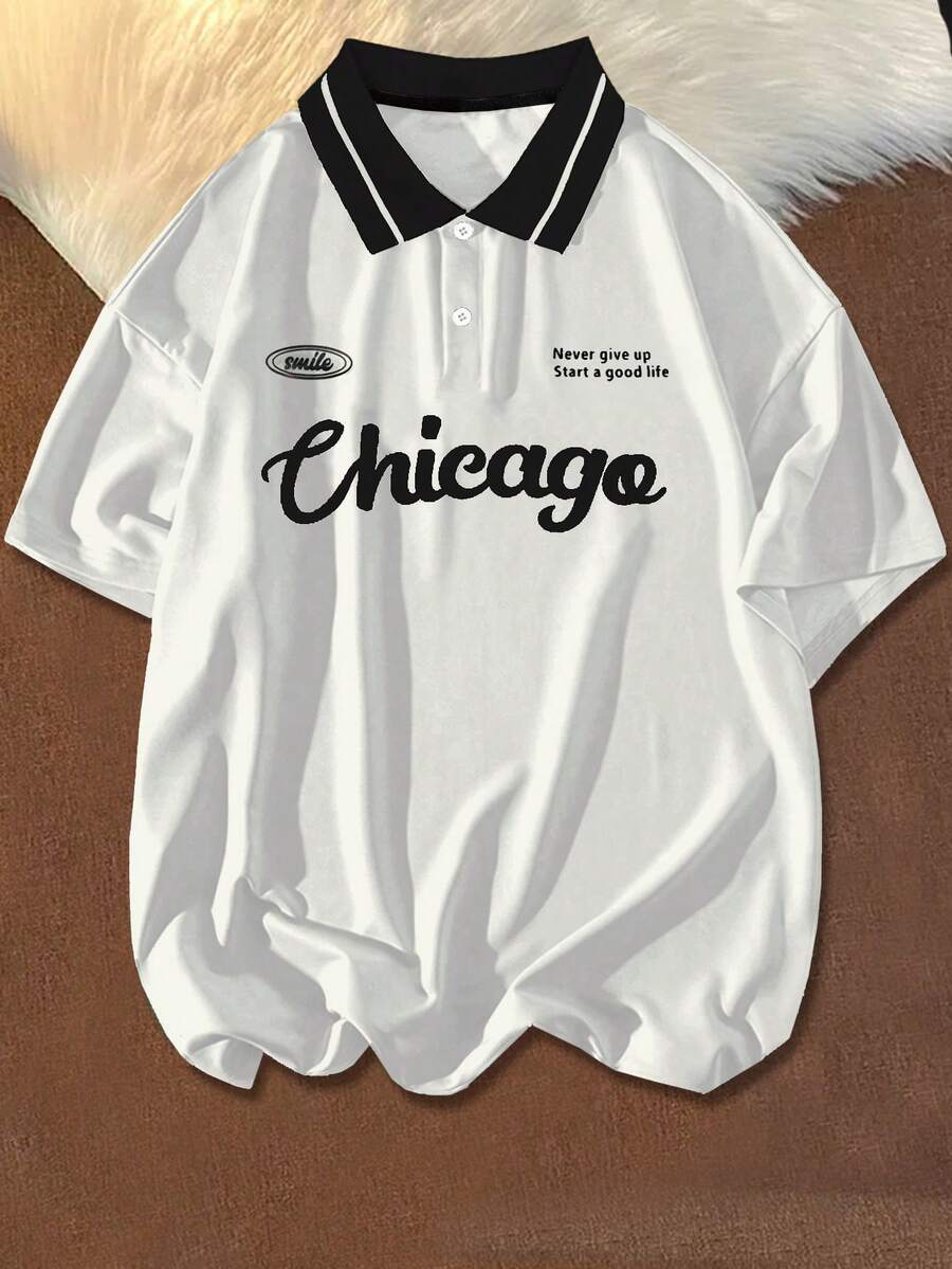 Manfinity Roghcode Men's Plus Size White Letter Print Polo Shirt,Summer Casual Retro Oversized Jersey College Style For School Graduation Back-To-School Contrast Color - White - View 1