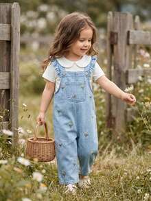 女婴休闲花卉刺绣口袋荷叶边牛仔背带裤，夏季 - 中等水洗藍 - 查看 7