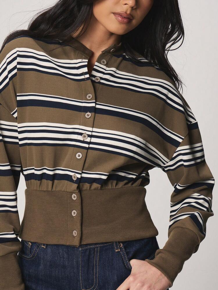 MISSGUIDED Striped Button Down Long Sleeve Cardigan Top With Cinched Waist And Crew Neckline For Fall Winter Casual Everyday Wear