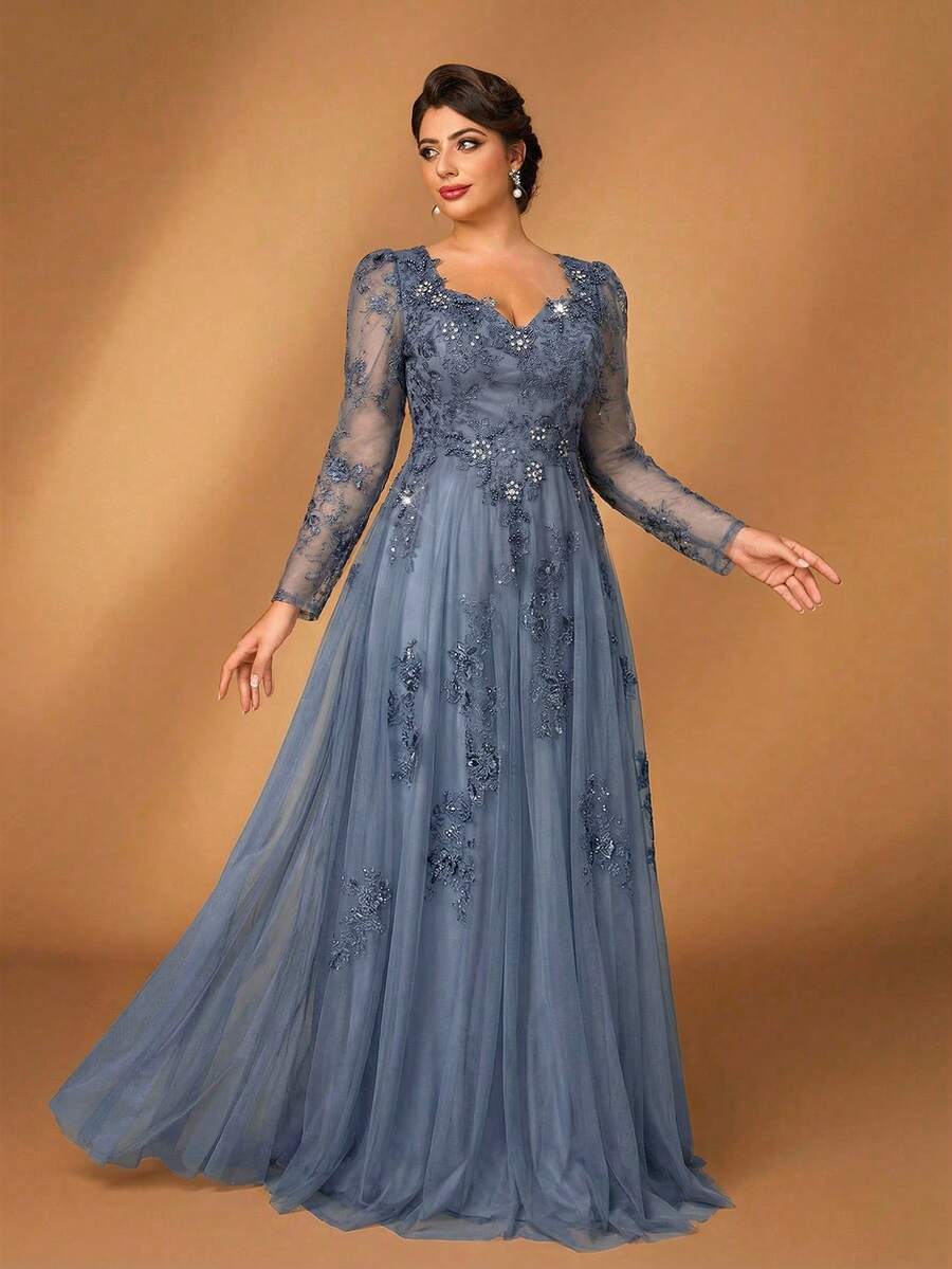 Serin Đầm dài tay cổ tim, dáng xòe rộng, sang trọng, thanh lịch màu xám tím đính sequin, thích hợp cho tiệc tối, hẹn hò, dạ hội, kỳ nghỉ, đám cưới, hoặc làm đầm cho mẹ cô dâu. - Màu xanh bụi bặm - Xem 1