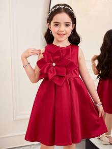 SHEIN Đầm đỏ xếp ly eo, trang trí hoa 3D thanh lịch, kiểu dáng thường ngày cho bé gái, thích hợp làm đầm công chúa, mặc hàng ngày, đầm cưới, đầm ngày Valentine, đầm bé gái dự tiệc cưới. - Đỏ - Xem 7