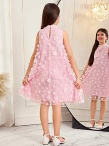SHEIN Pitira 少女立领网纱碎花休闲宽松吊带连衣裙 - 粉色 - 查看 13