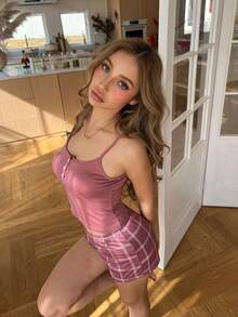 SHEIN Women's Casual Plaid Print Cardigan Camisole & Shorts Pajama Set - Pink - View 6