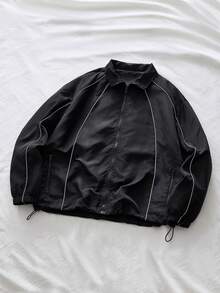 AXEPEAK 男士撞色滚边拉链休闲宽松长袖夹克外套 - 黑色 - 查看 6