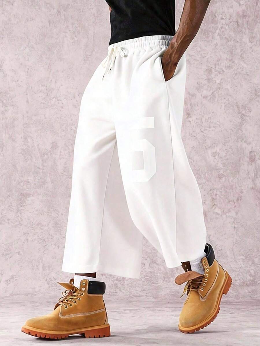 PAVTROS 男士街头风徽章印花抽绳腰休闲运动裤，宽松版型，适合户外穿着，是送给丈夫/男友的合适礼物 - 白色 - 查看 1