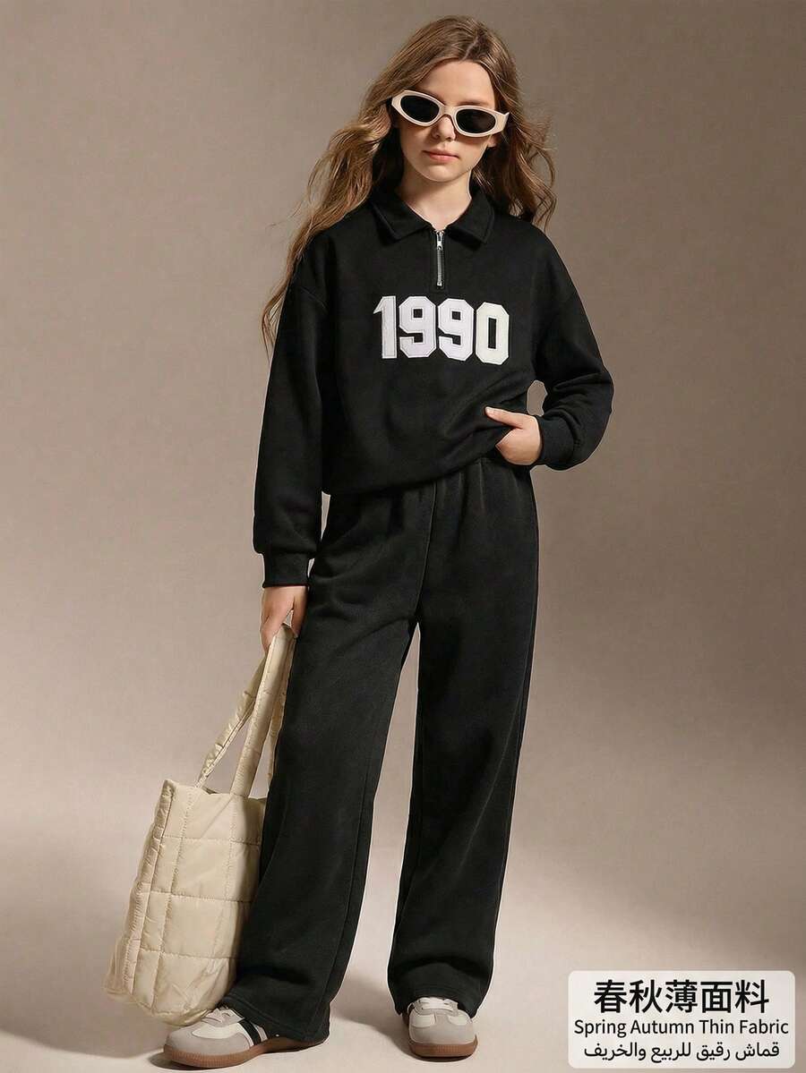 少女休闲街头风刺绣字母“1990”复古红色文字街头服饰Polo衫 - 黑色 - 查看 1