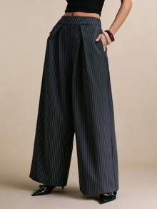 Poéselle Women's Pleated Pocket Loose Casual Striped Wide Leg Pants - Grey - View 4