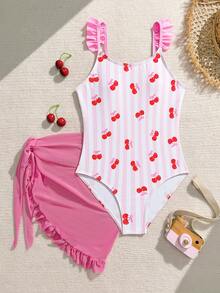 SHEIN Tween Girl Cute Knitted Cherry Pink Striped Print One-Piece Swimsuit With Mesh Skirt 2 Pieces Set, Fashionable Casual Modest Suitable For Beach - Pink - View 3