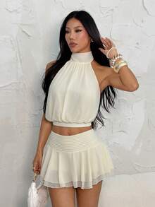 SHEIN PETITE 女士黄色雪纺吊带褶皱背心和雪纺褶皱双层荷叶边A字裙，女士两件套，优雅两件套，春夏装 - 黃色 - 查看 6