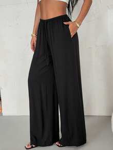 SHEIN PETITE Women's Linen Low-Waist Straight-Leg Casual Pants, Suitable For Vacation Wear, Spring/Summer - Black - View 1