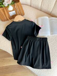 SHEIN Genkimix Kids 2件套女童粉色蝴蝶结芭蕾舞短袖T恤和裙子套装，学院风春夏休闲套装 - 黑色 - 查看 5