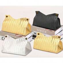 1PC Solid Color Wheat Ear Pattern Tissue Box V-Shaped Desktop Standing Tissue Holder Thickened Composite Fabric Suitable For Office, Restaurant, Bar, Living Room, Bedroom, Birthday Parties, Garden Gatherings, Car Tissue Storage Box - Gold - View 1