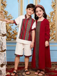 SHEIN Bộ 2 quần ống đứng và áo sơ mi tay ngắn cổ vuông thoải mái thường ngày cho bé trai/thiếu niên - Nhiều màu - Xem 6
