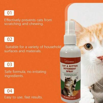 1瓶猫咪护理喷雾，成分温和，减少猫咪抓挠和啃咬行为。也是一款家居防护喷雾，适用于家具、植物等，提供全面保护。它散发出猫咪不喜欢的香味，抑制猫咪抓挠，驱赶它们，保护家居环境。