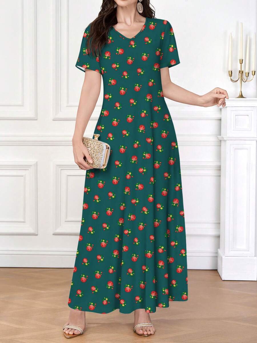 Al Najma 女士碎花V领短袖连衣裙，优雅，春夏款 - 彩色 - 查看 1