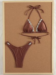 Swim Chiccia Elegant Coffee Brown Bikini Set,Shiny Luminous Two Pieces Swimwear With Hand-Embroidered Button Shell,Summer Casual Beach Vacation Holiday Outfit - Brown - View 5