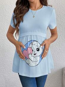 SHEIN Süßes bedrucktes Strick-Rundhals Kurzarm T-Shirt für schwangere Frauen - Babyblau - Übersicht 1