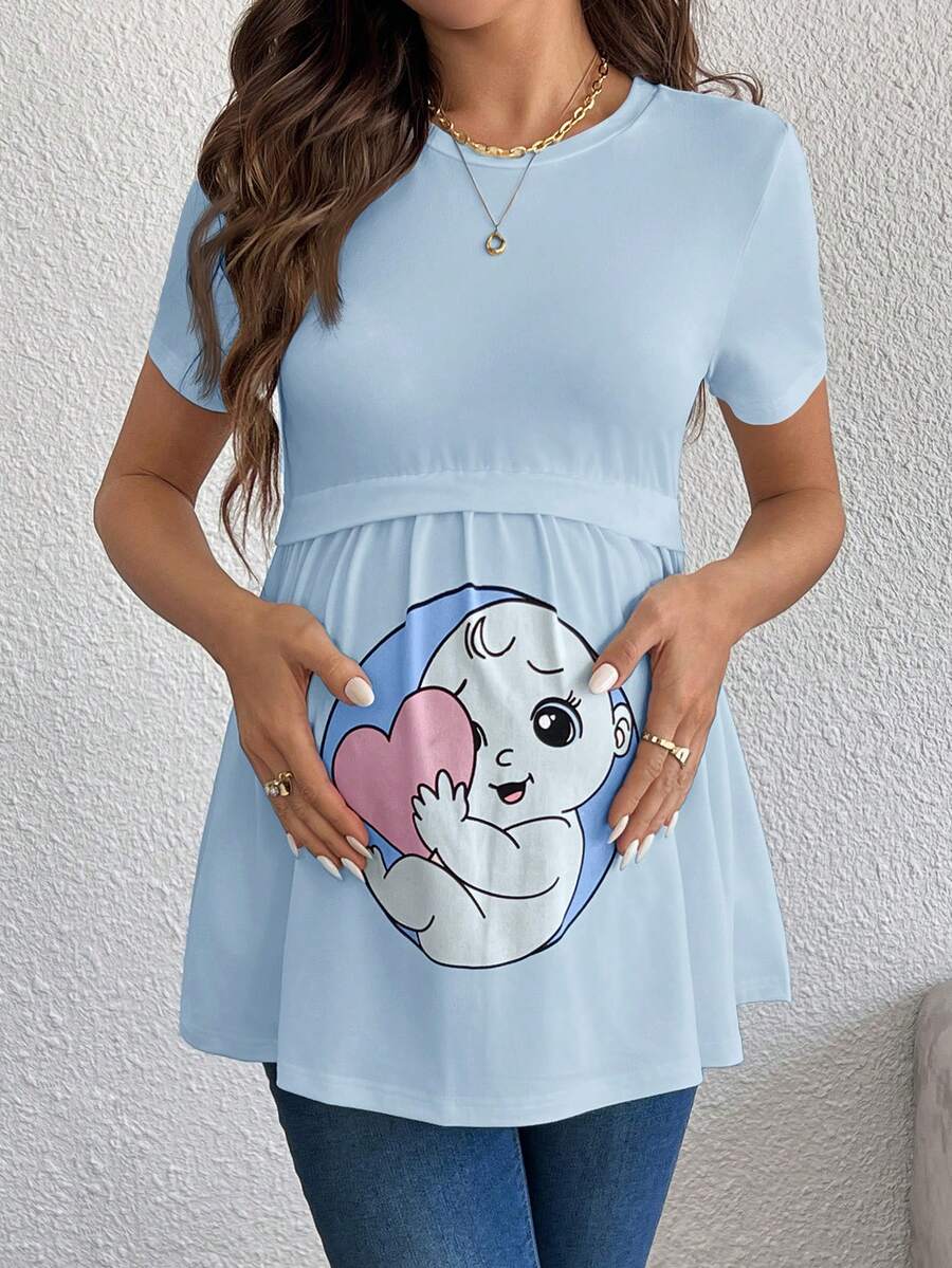 SHEIN Süßes bedrucktes Strick-Rundhals Kurzarm T-Shirt für schwangere Frauen - Babyblau - Übersicht 1