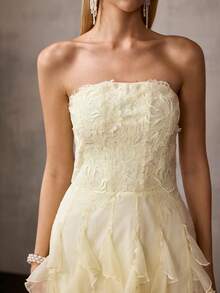 MOTF Soiréza WOMEN'S SPRING LACE ROMANTIC RUFFLE HEM STRAPLESS COCKTAIL PARTY DRESS - Yellow - View 3