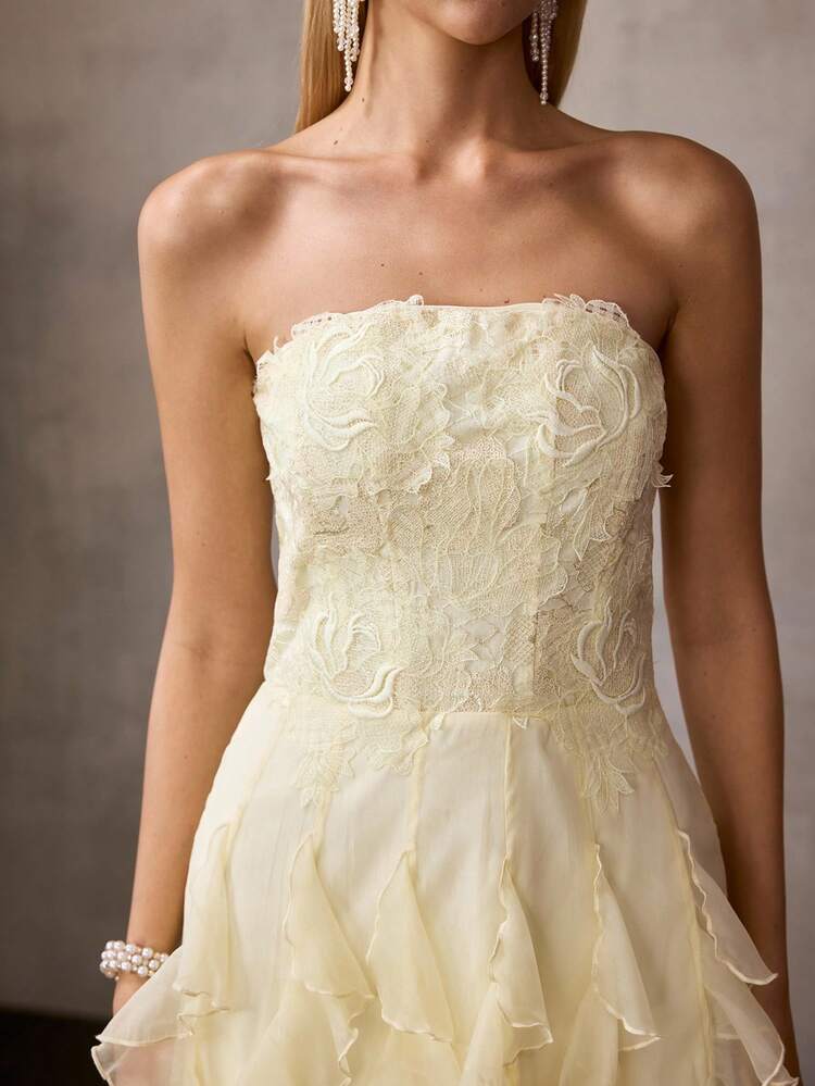 MOTF Soiréza WOMEN'S SPRING LACE ROMANTIC RUFFLE HEM STRAPLESS COCKTAIL PARTY DRESS