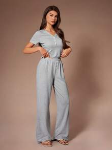 Lazeform Women's Loose Fit Slimming Short Sleeve Wide Leg Pants Casual 2 Pieces Set, Suitable For Outdoor Wear In Summer - Light Grey - View 4