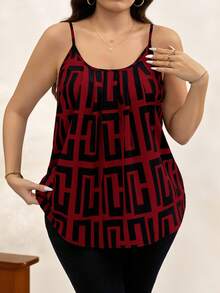 Chikora Plus Size Summer Casual Geometric All-Over Print Camisole, Going Out Tops - Red - View 6