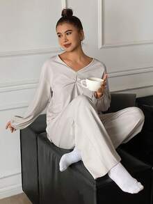 DAZY Minimalist Twist Design Knit Loose Women Pajama Set - Light Grey - View 5