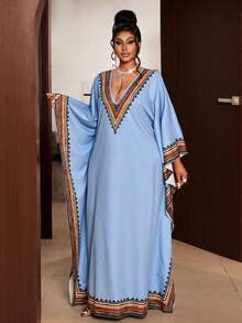 Maweii 女士V领印花宽松休闲度假长裙，舒适时尚，春夏必备新款，大码尺码 - 藍色 - 查看 5