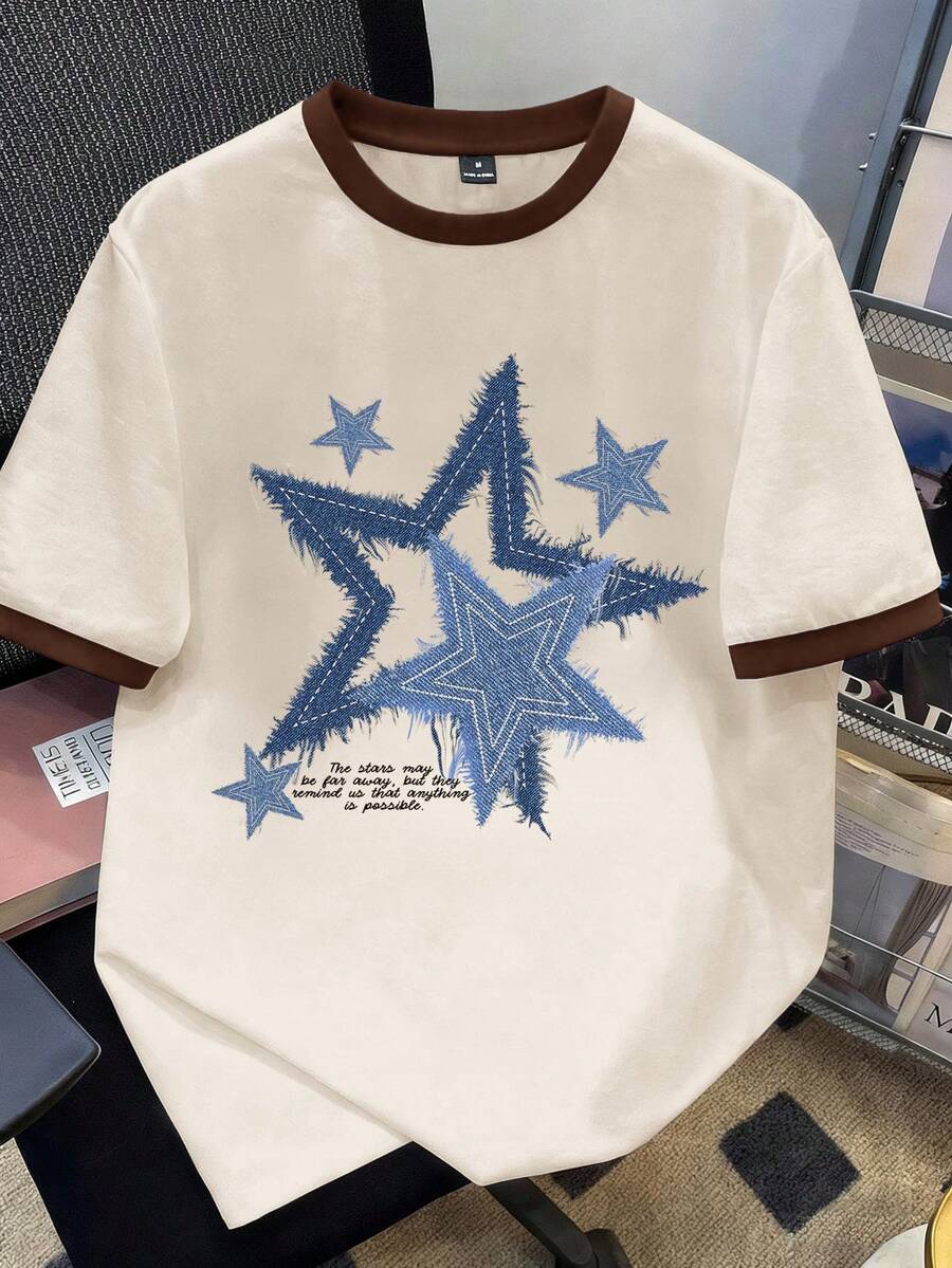 Manfinity Joysei Standard Size Men's Brown Cuff Splice Slogan & Star Print T-Shirt - Beige - View 1