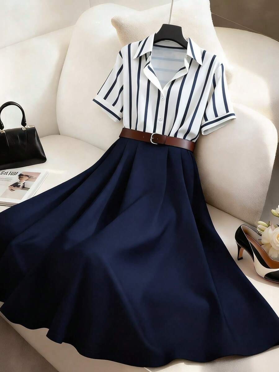 GlowEve Elegant Commuter Casual Striped Shirt & Mini Skirt Set For Women - Multicolor - View 1