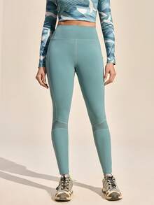 Exploreva 女士户外运动网眼拼接高弹绿色紧身裤 - 綠色 - 查看 6