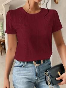 SHEIN Frenchy Camiseta de cuello redondo con bordado de ojales sólidos - Burdeos - Ver 5